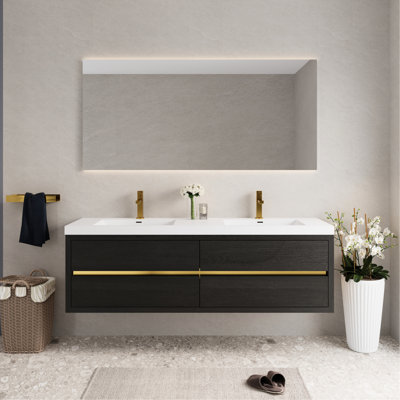 Meuble-lavabo mural 72 po avec lavabo, armoire flottante, comptoir en résine de pierre, tiroirs à fermeture en douceur, bois entièrement assemblé, pré-installation facile, rangement intérieur spacieux, lavabo