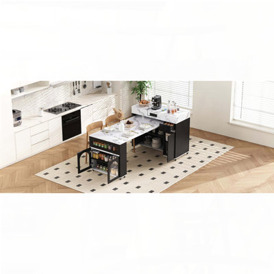 Îlot de cuisine extensible sur roulettes avec plateau pliable extra-long, tiroirs, prise de courant (19,9 po à 73,8 po, noir + blanc marbré)
