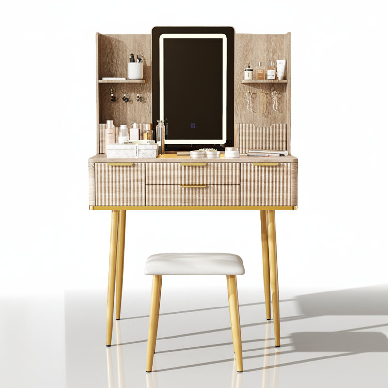 Bureau de coiffeuse à 4 tiroirs jaune brun avec miroir à DEL à intensité variable et tabouret en polyuréthane