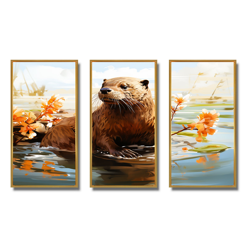 Watercolor Stream Beaver Serenity II - Beaver, art mural, Cadre flottant doré, H 40 po x l 60 po