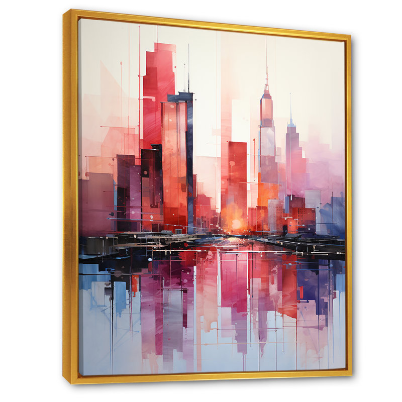Rose et bleu gratte-ciel New York City V - gratte-ciel, art mural, Cadre flottant doré, H 44 po x l 34 po x P 1,5 po