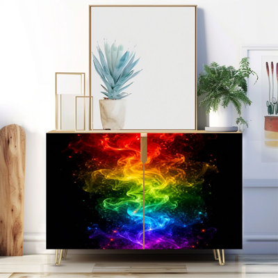 Buffet étroit de 35,4 po de largeur - armoire de rangement d'appoint à 2 portes avec effet arc-en-ciel éclatant contre imprimé noir et pieds en métal