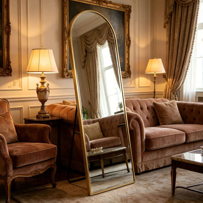 59/64/71-Inch Black And Gold Floor Mirrors, Rust-Resistant Aluminum Frames, Available In Arched And Rectangular Styles.