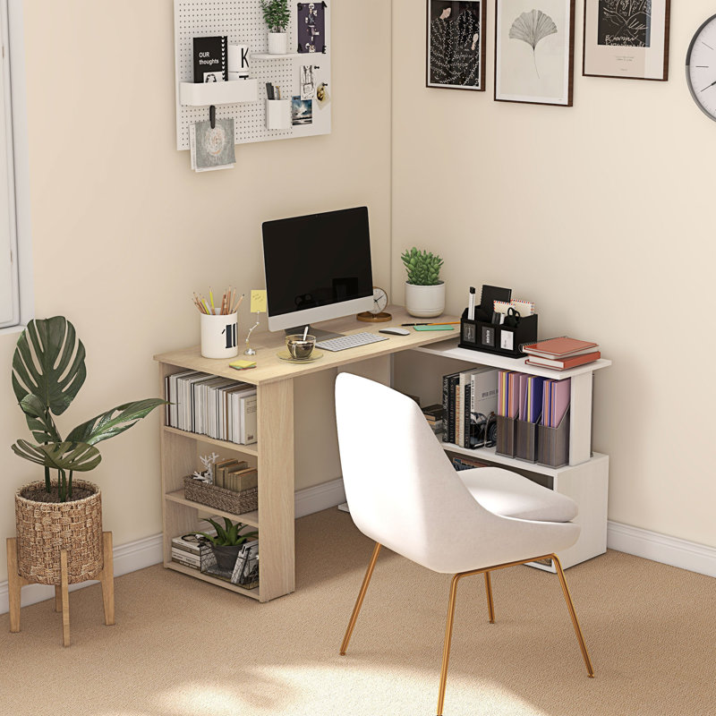 HOMCOM L Shaped Desk with Bookshelf, Natural