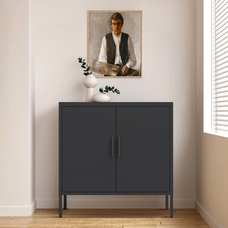 Classeur en acier noir avec portes, tablettes réglables pour le matériel de bureau, matériau haute résistance, structure stable, installation simple pour différents usages de rangement, acier laminé à froid, structure,