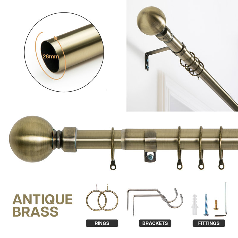 Heavy-Duty Adjustable Curtain Pole with Finials, Antique Brass, 70-120cm