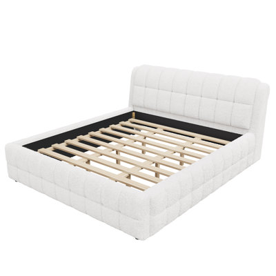 Très grande base de lit tapissier avec tête de lit, lit en tissu moderne avec lattes en bois massif, sans sommier tapissier, blanc