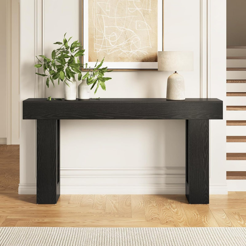 Console en bois aggloméré noir de 63 pouces, canapé de ferme à pattes découpées derrière le canapé, console de vestibule rectangulaire pour vestibule de salon