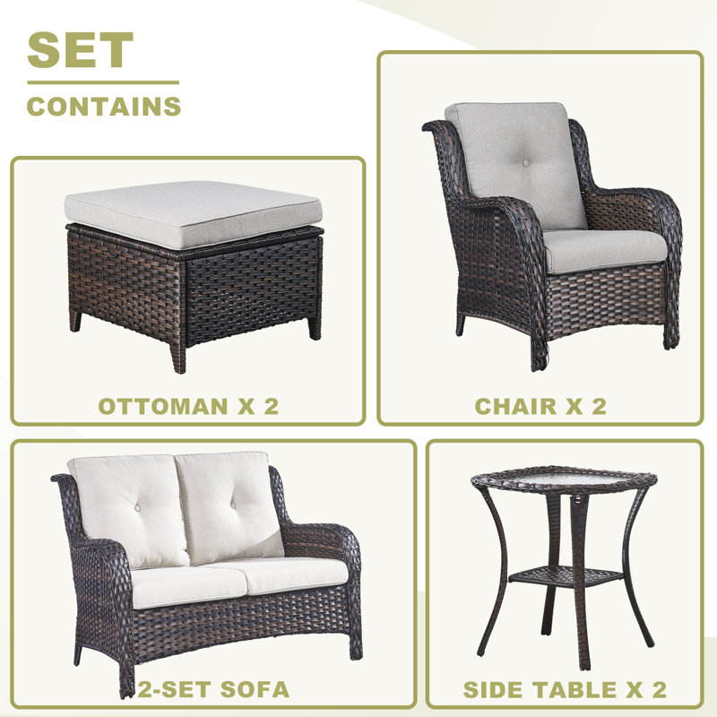 Ensemble de conversation avec canapé en rotin 7 pièces avec coussins Bonia, Beige, Brun