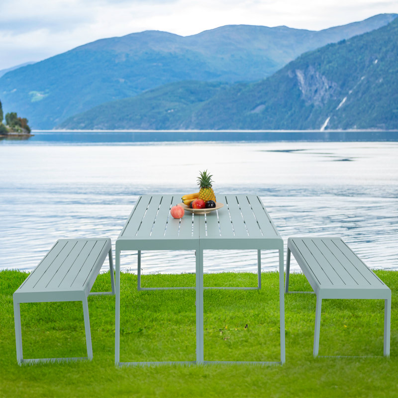 Aoodor 3-Piece 63" Metal Outdoor Patio Dining Set with Rectangular Table and Benches, Green