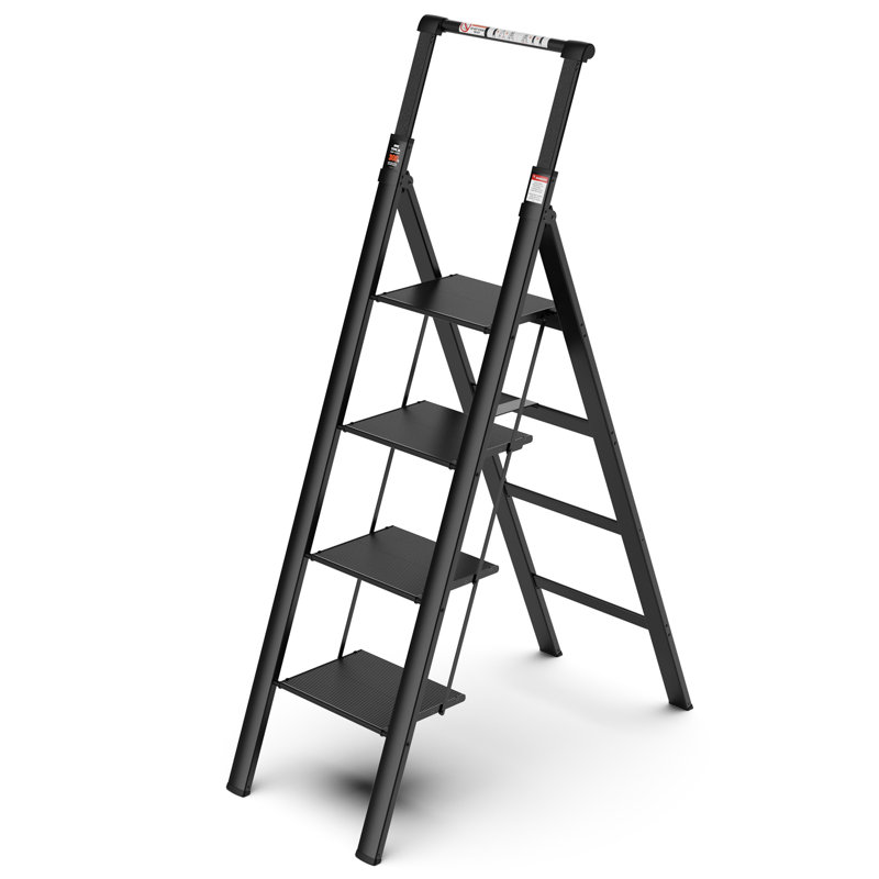 Échelle à 4 marches, escabeau escamotable à poignée rétractable avec pédale large antidérapante, escabeaux en aluminium à 4 marches, échelle de sécurité de 300 lb