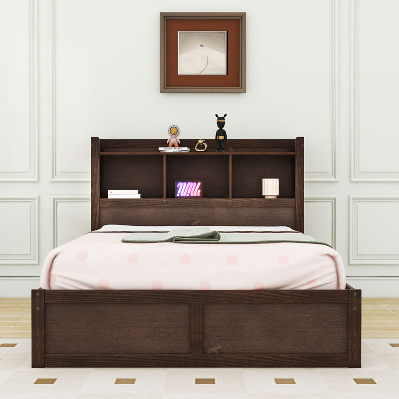 Lit plateforme double avec tablettes intégrées, lit gigogne simple et tiroirs, Espresso