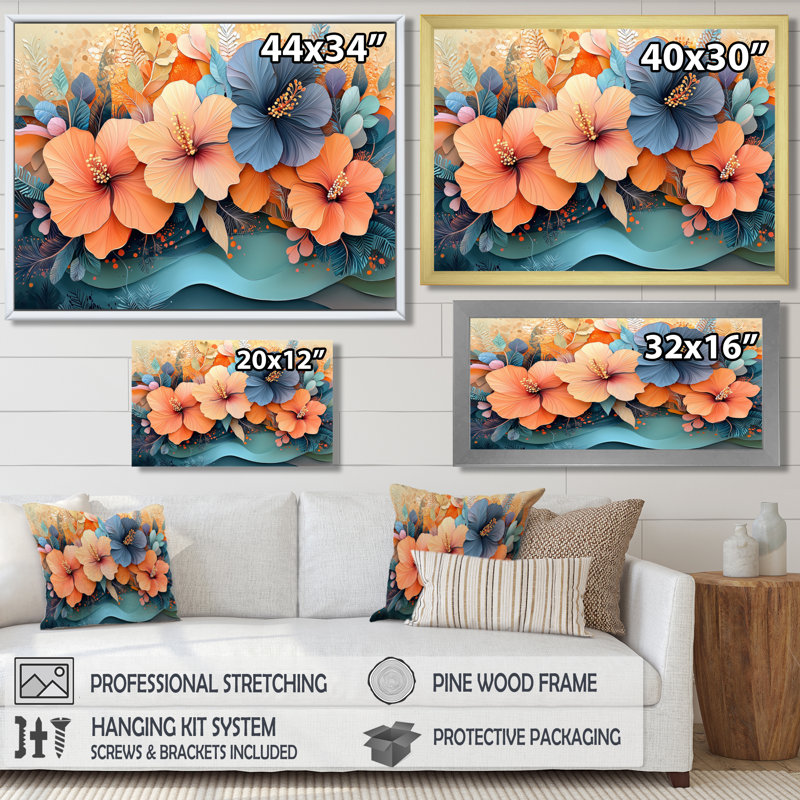 Hibisuc tropical dans une symphonie côtière II - Hibiscus, art mural, H 24 po x l 32 po, Toile tendue, Ne s’applique pas