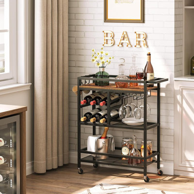 Chariot-bar roulant à 3 niveaux avec roulettes et poignée, chariot de service de boissons avec support à vin et porte-verres pour un usage domestique