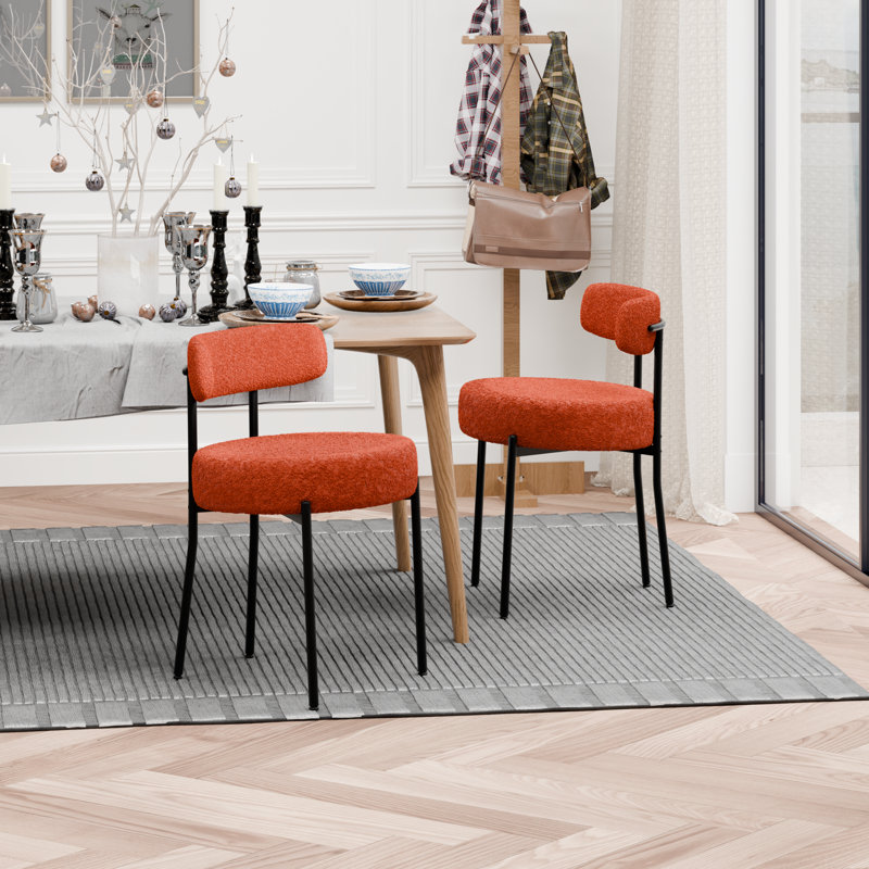 Boucle Dining Chairs Set of 2, Upholstered Dining Chairs with Black Metal Legs, Modern Dining Chair, Orange