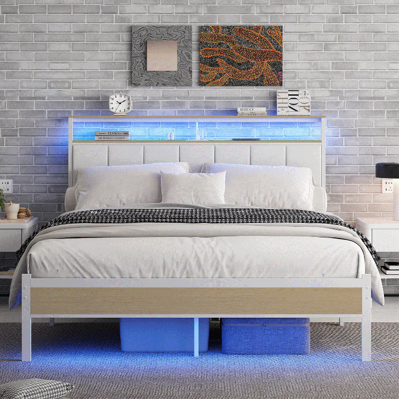 Cadre de lit avec station de charge et lumières DEL, tête de lit avec tablettes de rangement à 2 niveaux, cadre de lit avec tête de lit, aucun sommier nécessaire, assemblage facile,
