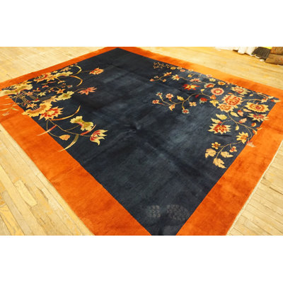 Antique Art Deco Room Size Wool Navy Rug