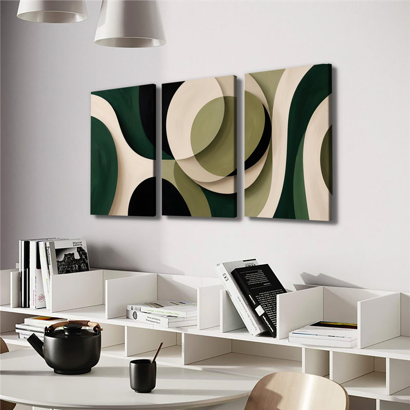 Ensemble de 3 impressions sur toile à formes abstraites incurvées vert foncé, 16*24inch*3