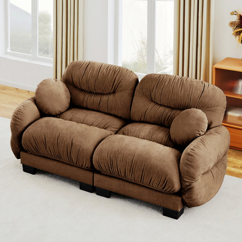 Canapé 2 places avec accoudoirs courbés et deux coussins décoratifs ronds, Brown Chenille