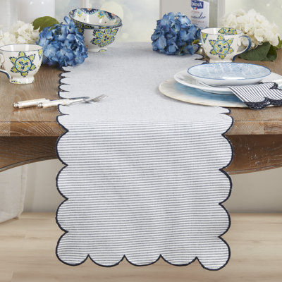 Navy Blue Striped Scalloped Cotton Table Runner 16" W X 72" L