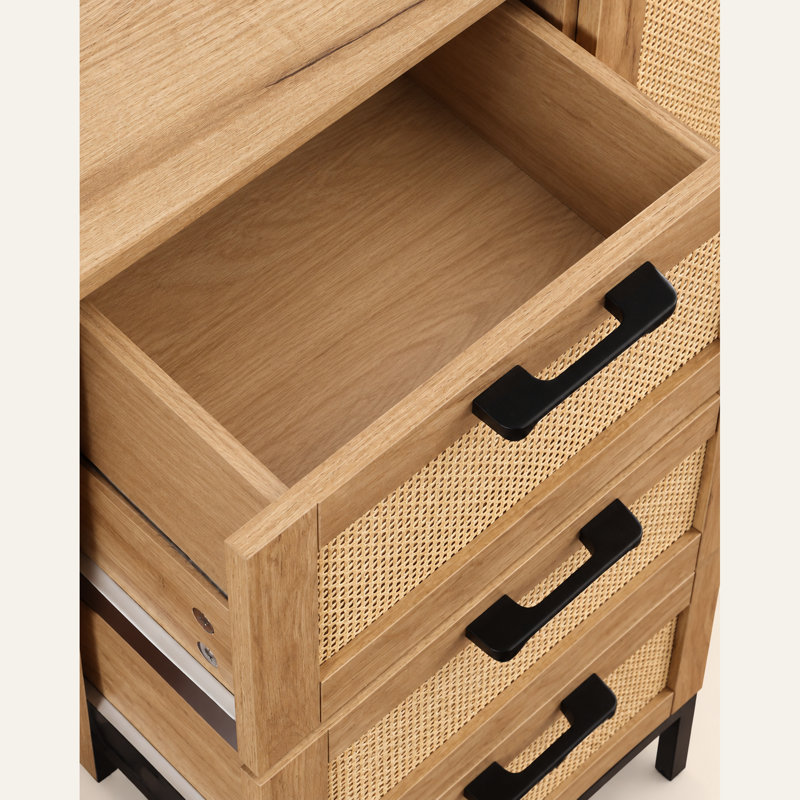 27.6" Natural Accent Cabinet with 3 Drawers, Rattan Door and Adjustable Shelves