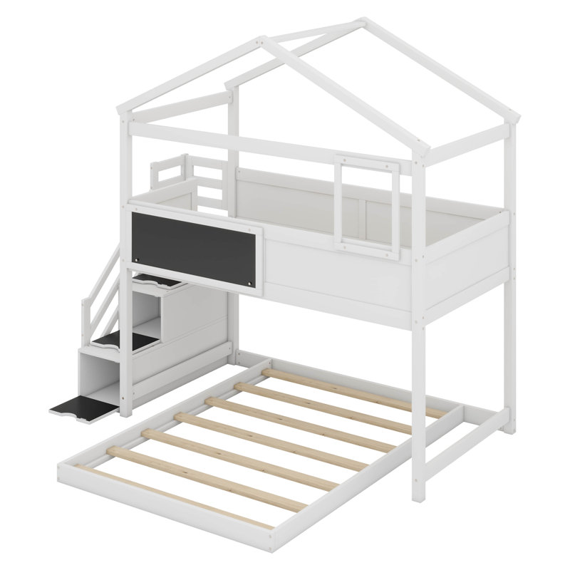 Lit superposé simple en bois au-dessus d'une chambre double avec tableau noir décoratif et escalier de rangement, Blanc