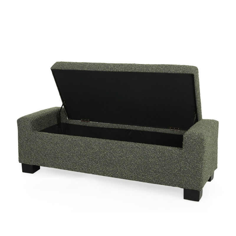 50 po, couvercle rectangulaire à charnières, tissu noirâtre texturé, siège, repose-pieds, rangement, pieds en bois de bouleau, couvercle
