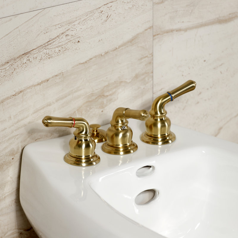 Kingston Brass Magellan Three-Handle Deck Mount Bidet Faucet with Brass Pop-Up, Brushed Brass