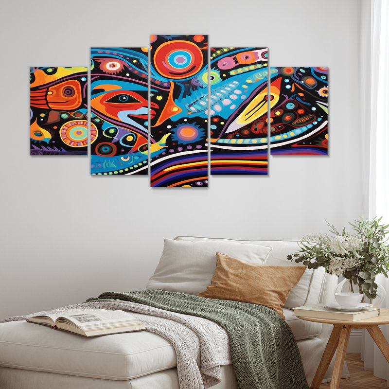 Indigène composition grand mystère - art amérindien mural pour le salon 5 pièces, H 32 po x l 60 po