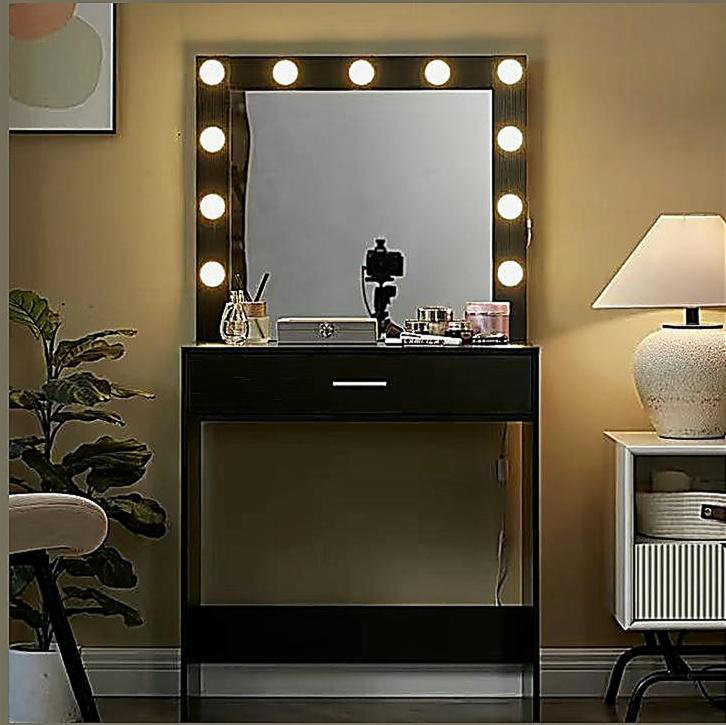 Bureau de coiffeuse avec miroir et lumières, coiffeuse avec grand tiroir, commode de rangement à 1 niveau et 3 modes d'éclairage à luminosité réglable, convient à la chambre à coucher (noir)