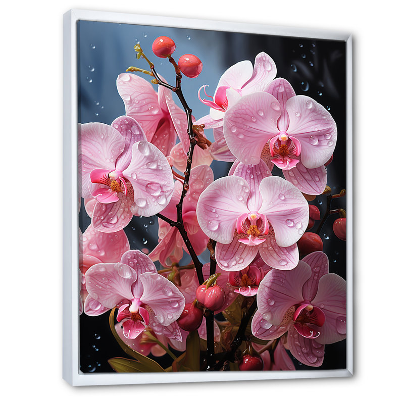 Orchidées roses, orchidées roses, fusion néon II sur toile, Cadre flottant blanc, H 44 po x l 34 po x P 1,5 po
