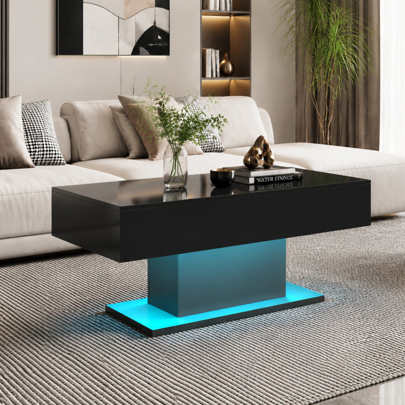 Alpena High Gloss LED Rectangle Coffee Table with Open Storage, Black