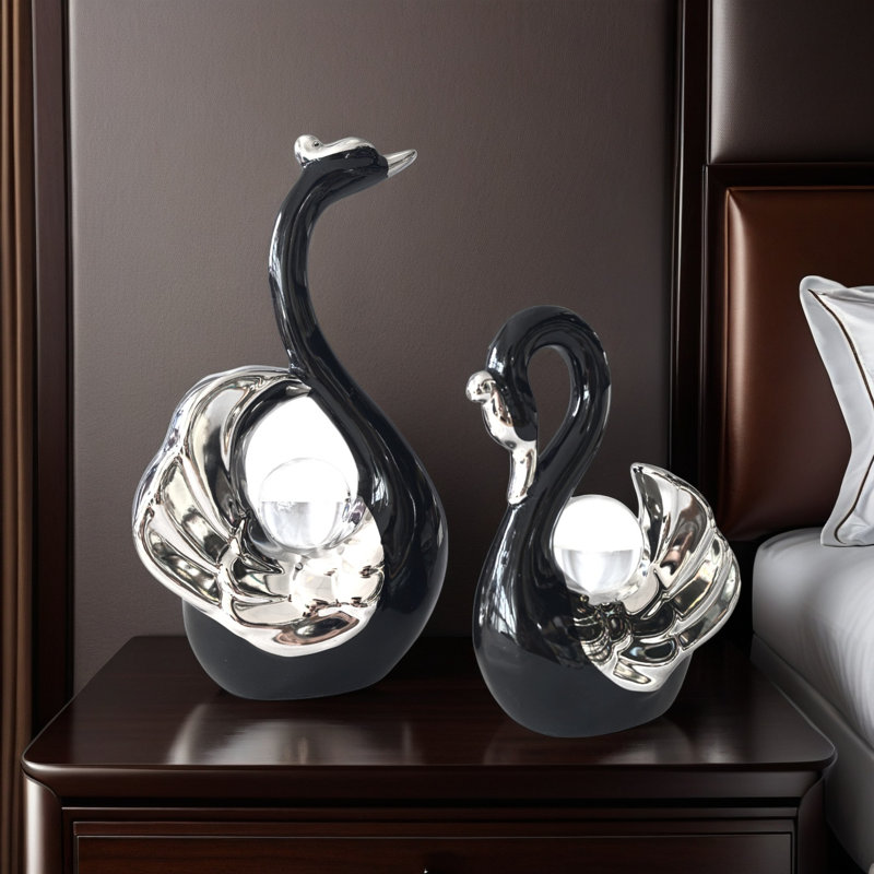 2 Pieces Swan Statues Sculpture Souvenir Gift Ceramic Statue Decoration Decoration, Black