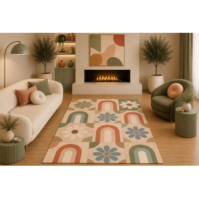 5' x 7' Mid Century Modern Floral Rainbow Area Rug Retro Daisy Arch Pattern Cream Sage Terracotta for Living Room Bedroom Non-Slip Silicone Backing Low Pile