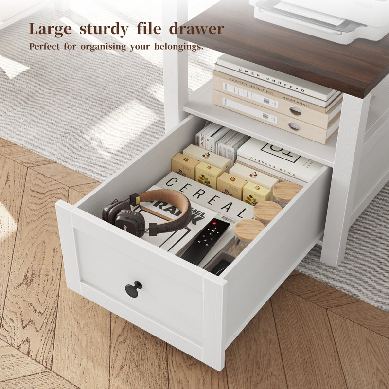 Modern Farmhouse Computer Desk with LED Lights and Power Outlets, Brown/White