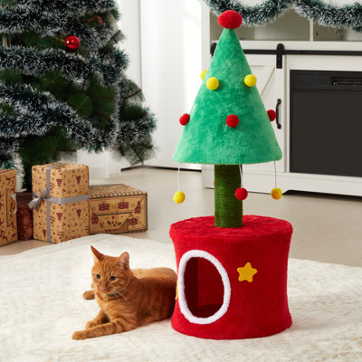 Arbre à chat de 80 cm avec poteaux à griffer, 80 x 30 x 30 cm, en bois composite et sisal, ensemble monobloc, vert et rouge, poteaux à griffer en sisal avec couchage confortable et cachette.