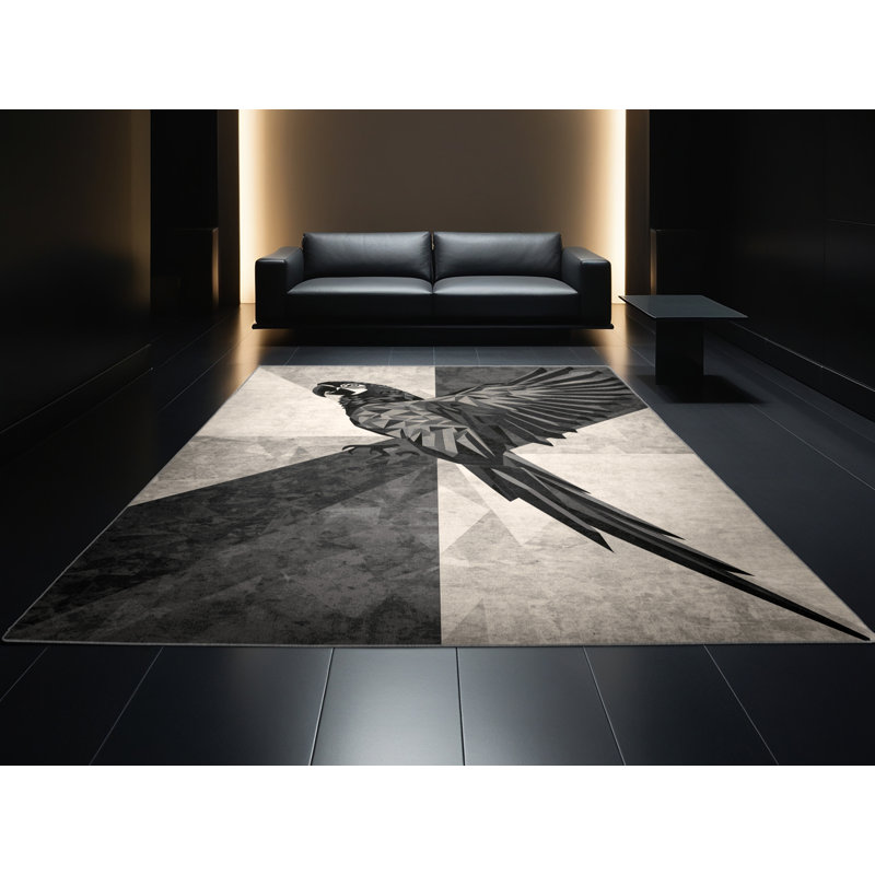Machine Washable Pantelia Parrot Macaw Modern Geometric Rug in Beige – Gray Binding, 7x9