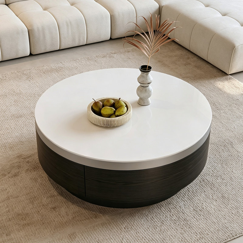 Table basse de salon moderne avec rangement rond, 12.99" H x 27.55" W x 27.55" D, White Top/Black Base