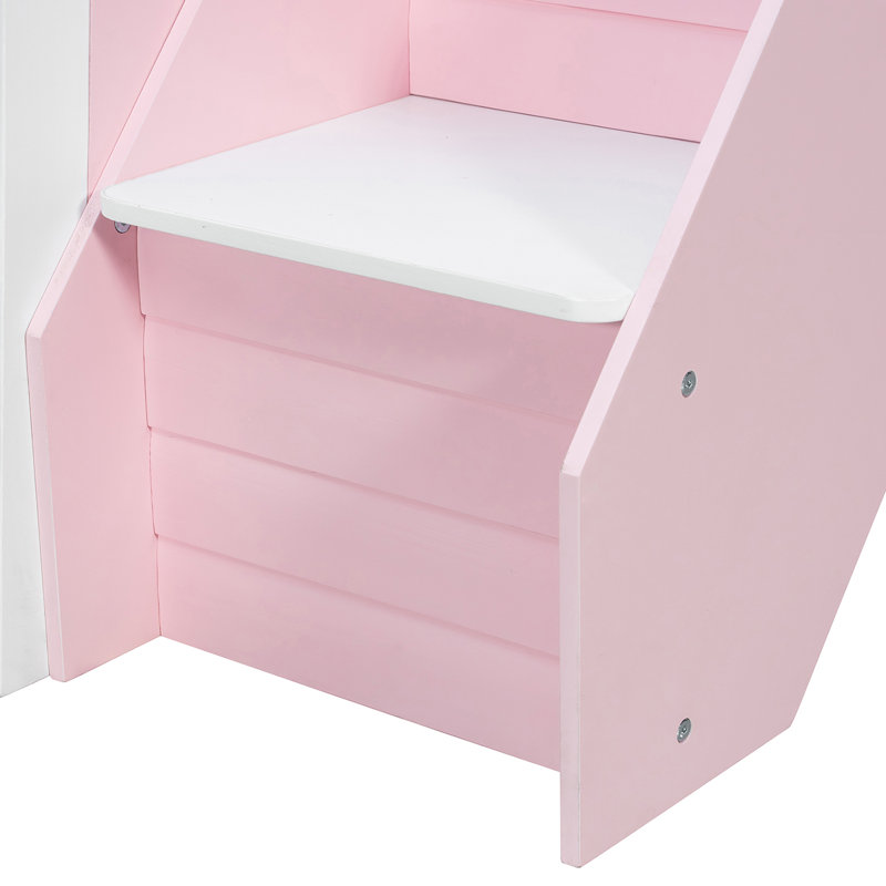 Lit superposé à rayures avec escalier et tablettes latérales, Double, Rose