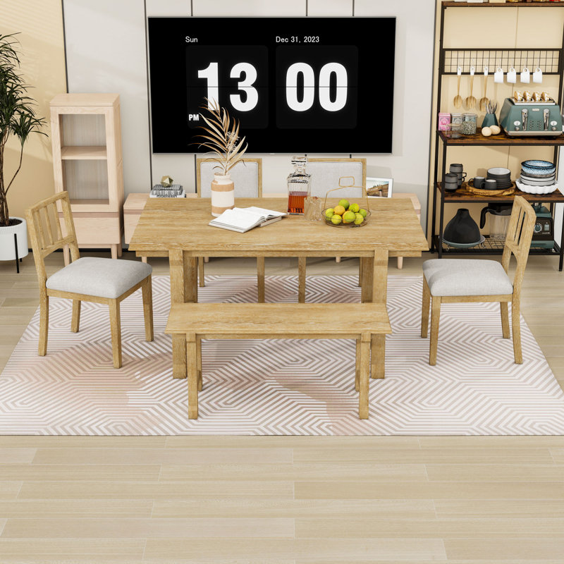 Ensemble de table de salle à manger 6 pièces Farmhouse avec 4 chaises ergonomiques de style mixte et banc compact, Naturel