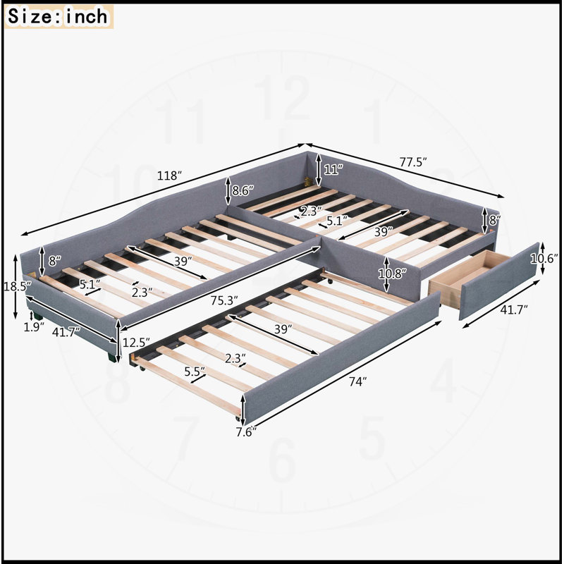 Lit de jour double rembourré avec lit gigogne et tiroir, parfait pour une utilisation polyvalente et peu encombrante, Gris