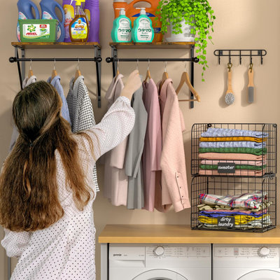 2 Set Laundry Room Shelves Wall Mounted With Wire Storage Baskets, Over Washer And Dryer Shelves With Hanging Rods And Hooks