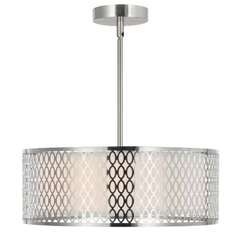 3-Light Drum Chandelier, 17 Inch Satin Nickel Finish, Modern Ceiling Light Fixture for Dining Room, Kitchen, or Bedroom