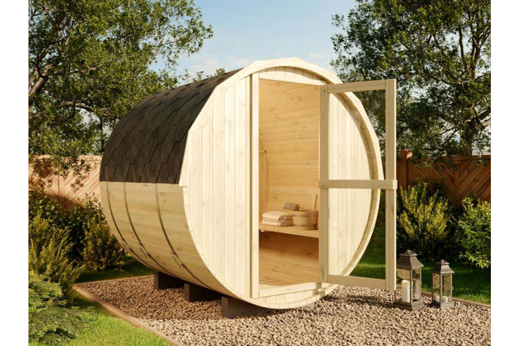 outdoor wood sauna on a patio