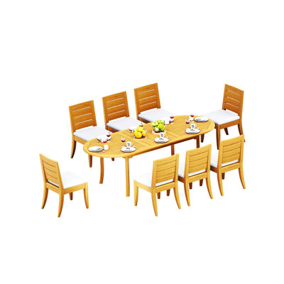 Ensemble de salle à manger 9 pièces en bois de teck de qualité A: table ovale à double extension 94 po et chaises sans accoudoirs Atnas # 11AT2200