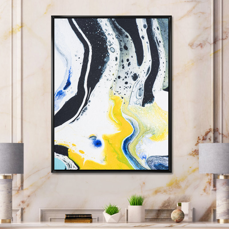 Composition abstraite de marbre en jaune et bleu IV - peinture sur toile, H 32 po x l 24 po x P 1 po, Cadre flottant noir
