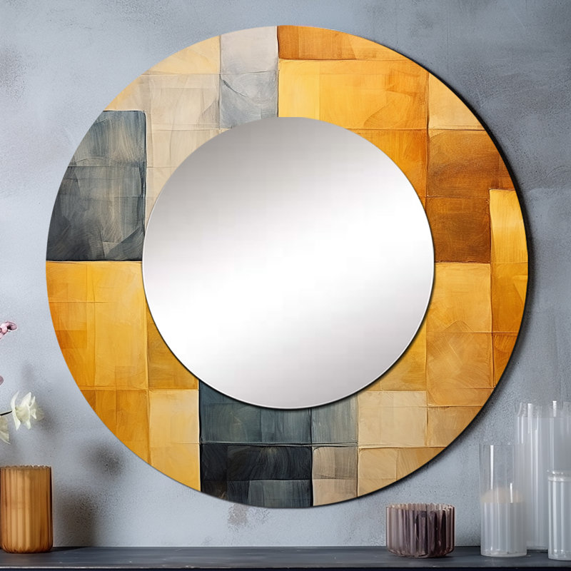Topaz Tessellation - grand miroir mural formes abstraites, miroir décoratif rond jaune, impression d'art en métal
