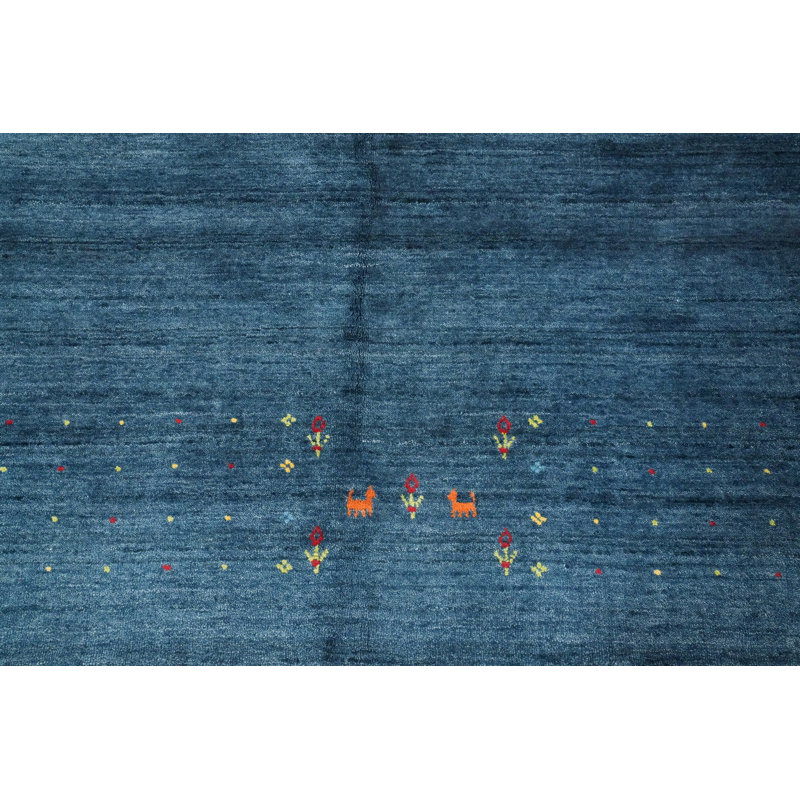 Tapis bleu ciel de style Gabbeh 6 x 10 avec des accents multicolores subtils