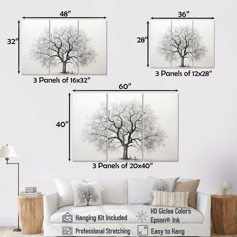 «White and Grey Minimalisme Maple Tree I», ensemble d'art sur toile érable, Toile tendue, H 40 po x l 60 po x P 1 po