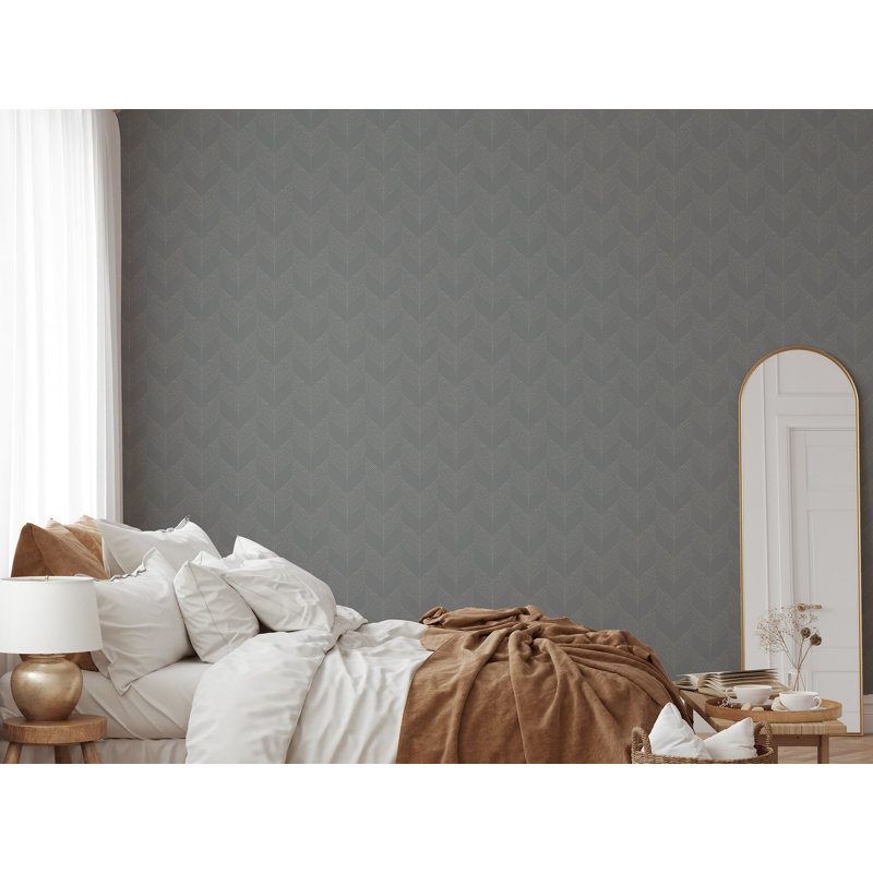 Organic Chevron 10' L x 24" W Wallpaper Roll, Gray, Non-pasted, Faux Grasscloth